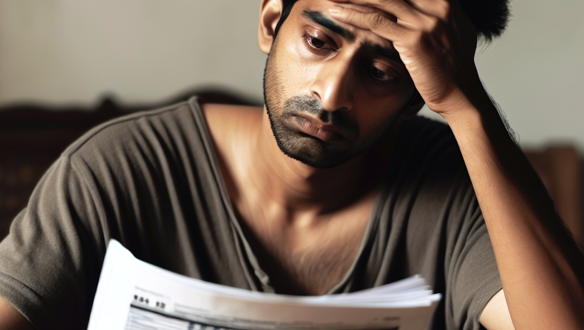 A person at a table holding a tax return looking sad. Hand to forehead